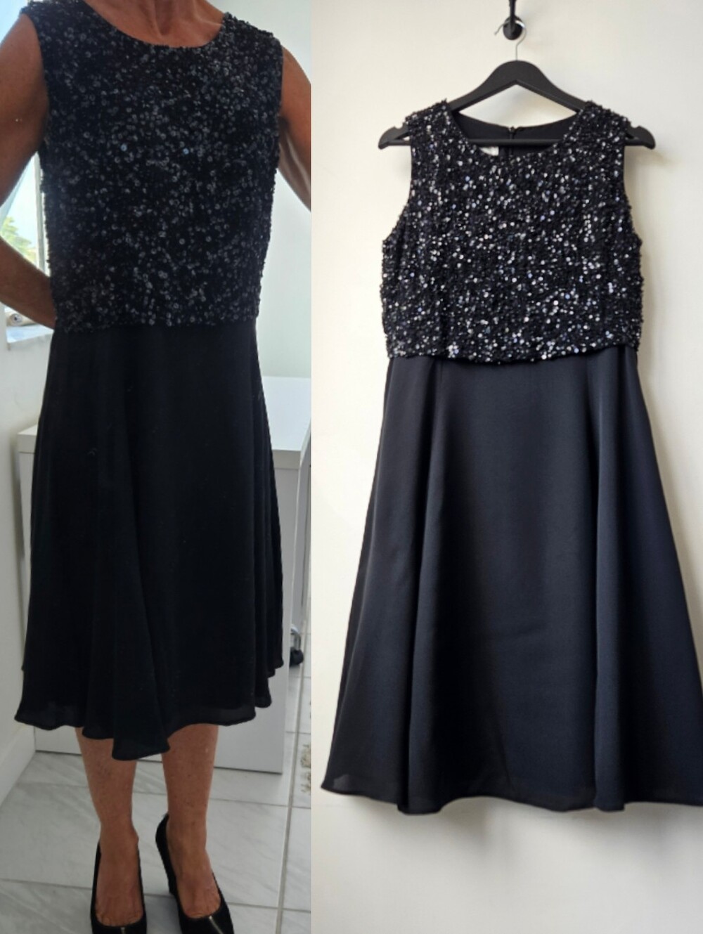 Armani Black Two Tone Sequin Draped Top With Silk Flowey Skirt Dress